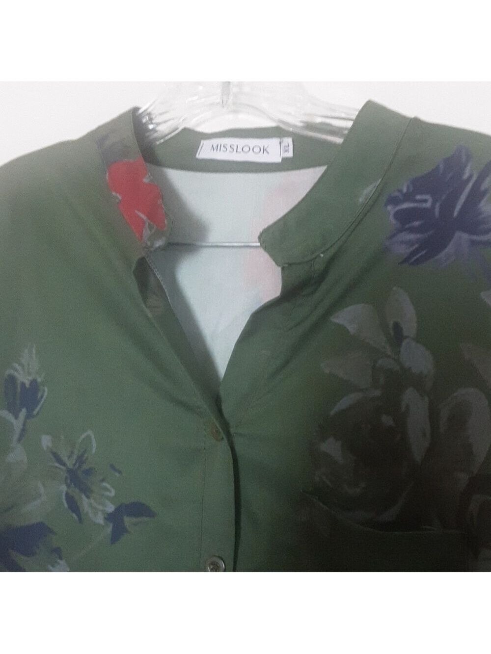 #0080 - MISSLOOK Olive Green Floral Button-Front Blouse with Red & Blue Accents - Picture 2 of 7
